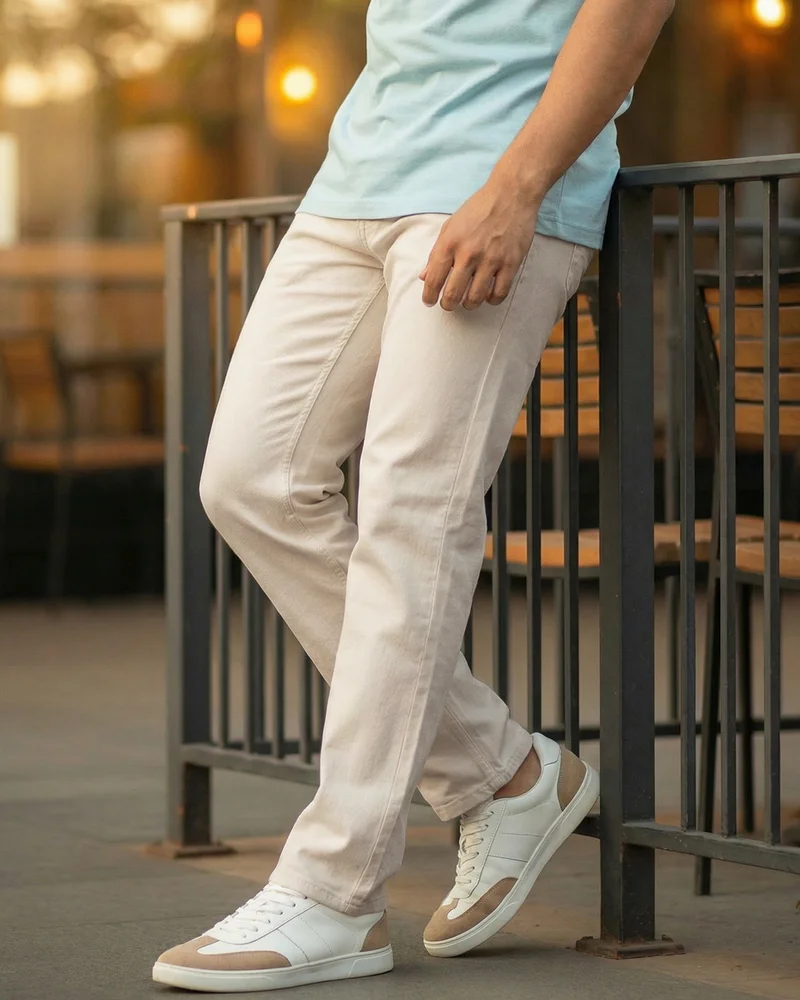 bewakoof Men's Beige Slim Straight Fit Stretchable Mid-Rise Jeans